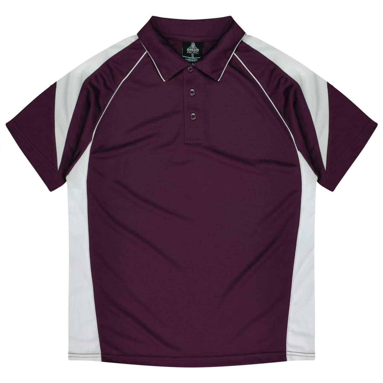 A maroon polo shirt with white side panels and a collar, featuring a logo on the neck.