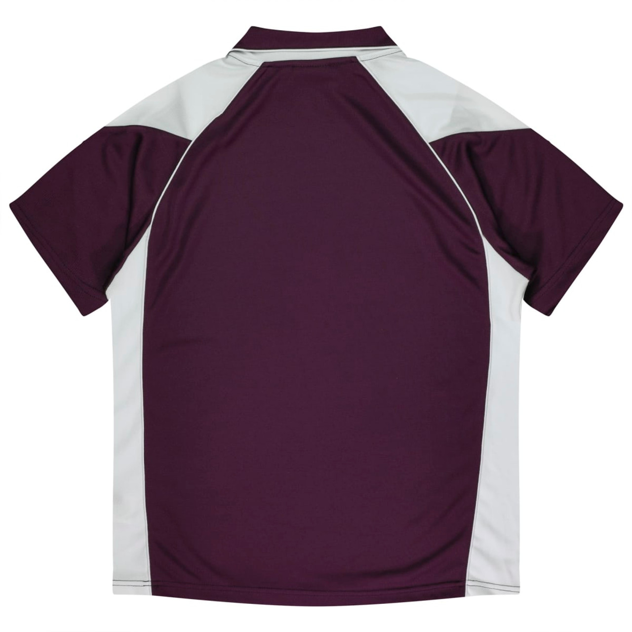 A polo shirt featuring a maroon body with grey accents, displaying a logo on the back.