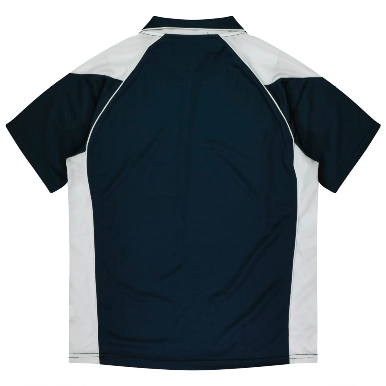 A dark navy polo shirt with white side panels and a collar, featuring a logo on the back.