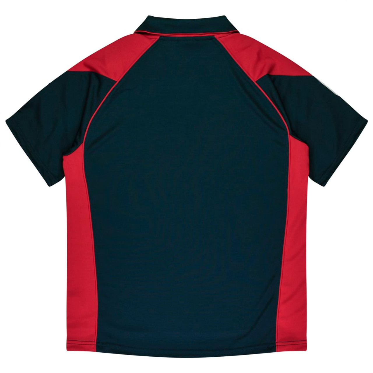 A polo shirt featuring dark green and red panels, with a collar and short sleeves. It also includes a logo.