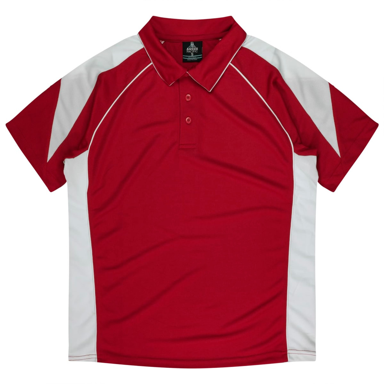 A red polo shirt with white side panels and collar, featuring a logo on the tag.