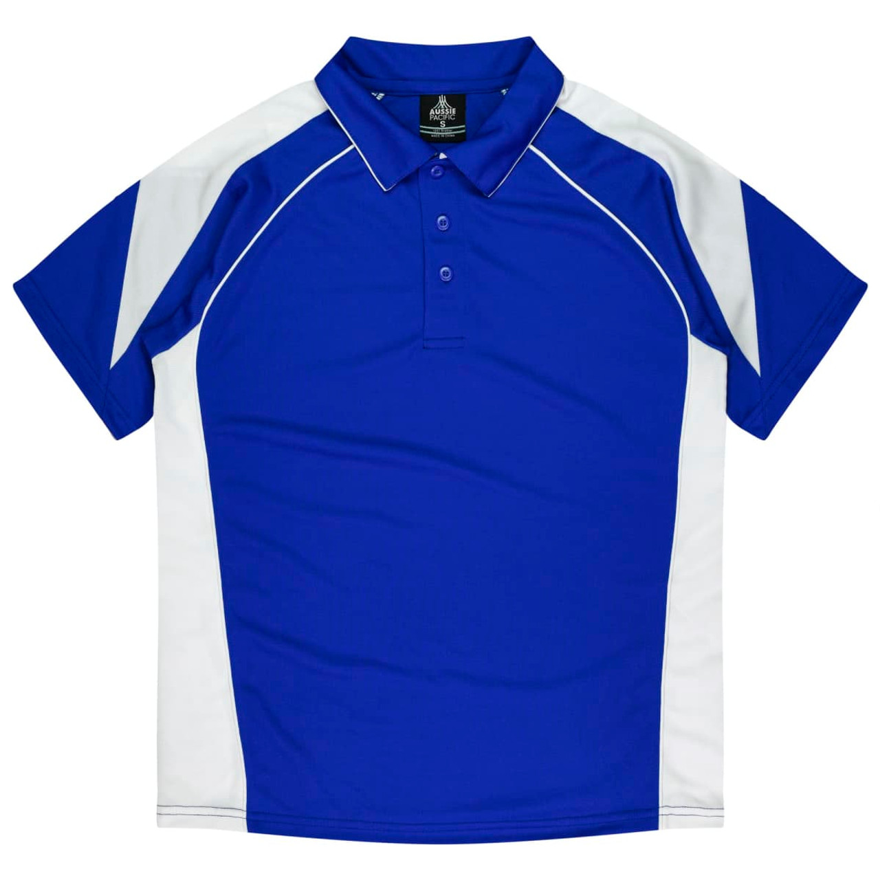 A blue polo shirt with white accents and a collar. The shirt features branding on the label.