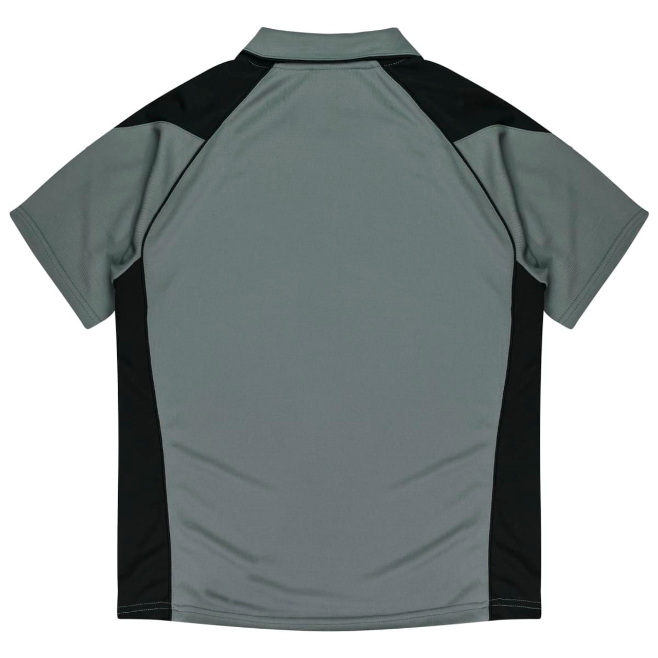 A grey polo shirt with black accents, featuring a logo on the back.