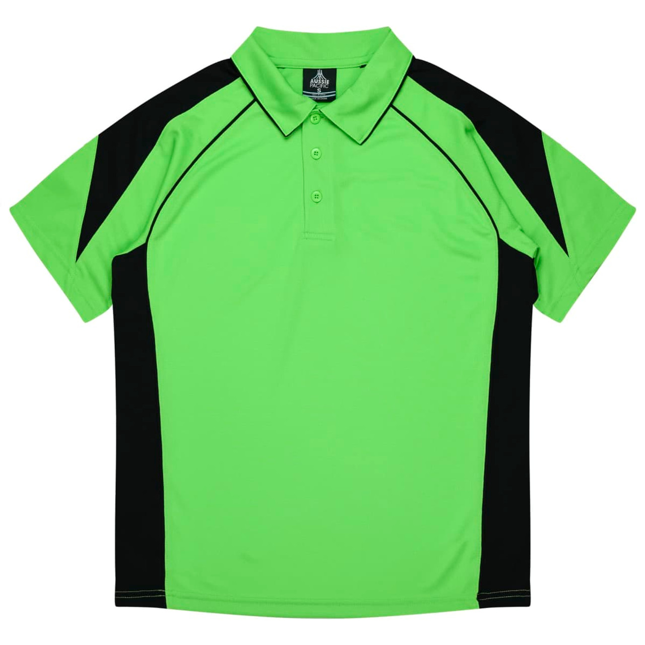 A bright lime green polo shirt with black accents and a collar, featuring a logo on the front.