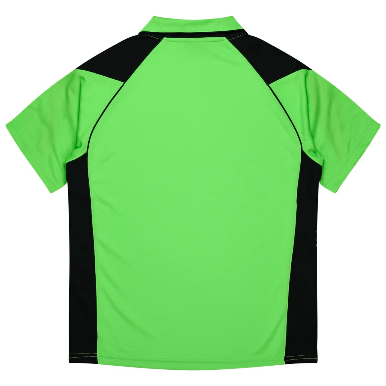 A bright green polo shirt with black accents, featuring a logo on the front. Back view displayed.