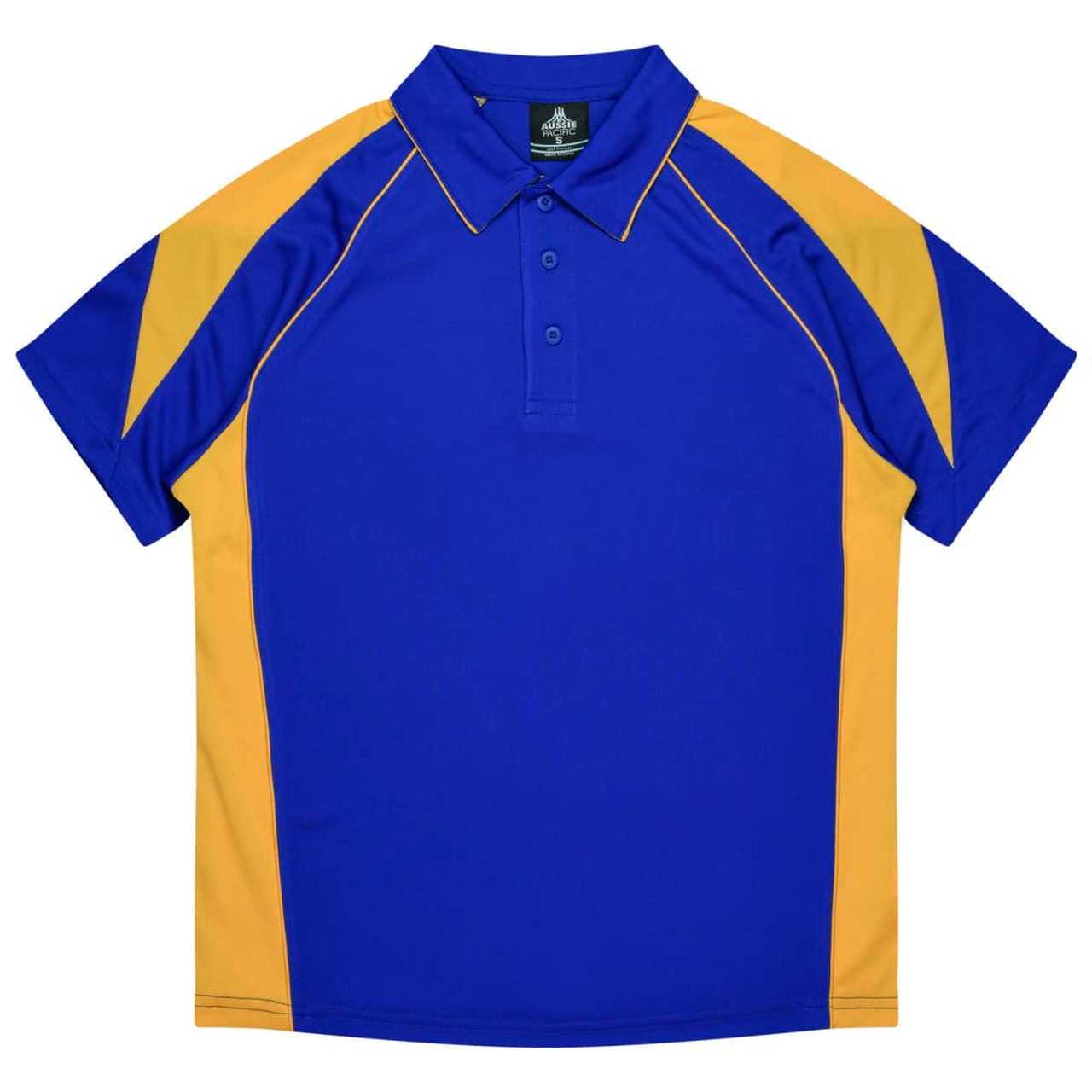 A blue and yellow polo shirt featuring a collar and a logo. It has a sporty design with contrasting panels.