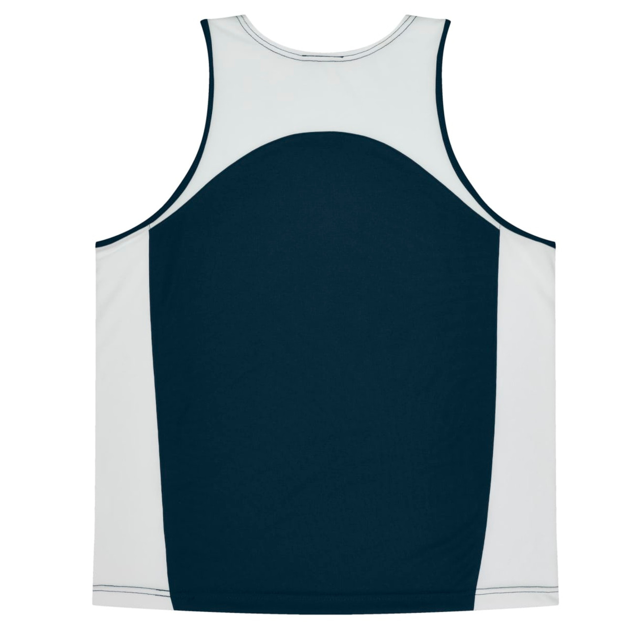 A dark green and white singlet with contrasting panels and a logo on the back.
