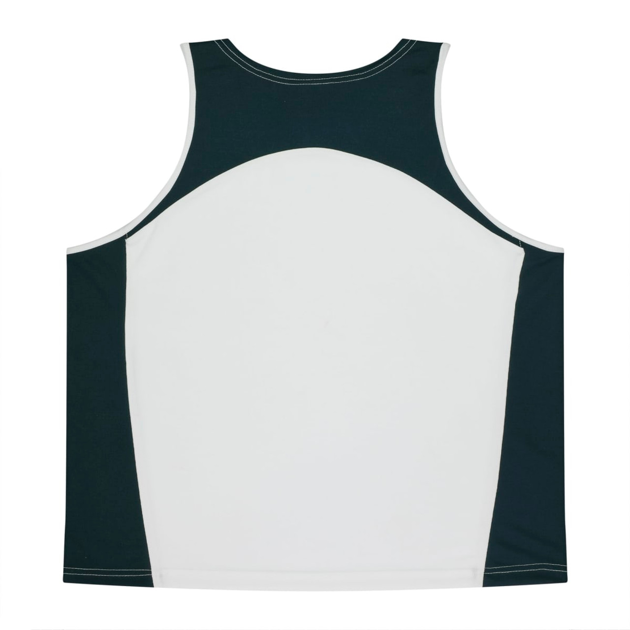 A men's singlet in dark green and white with a logo, featuring a sporty design and a back view.