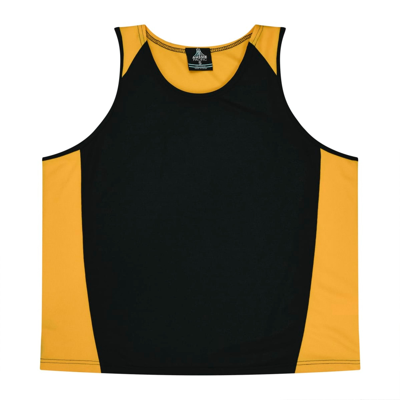 A black and gold singlet featuring contrasting side panels and a logo at the neckline.