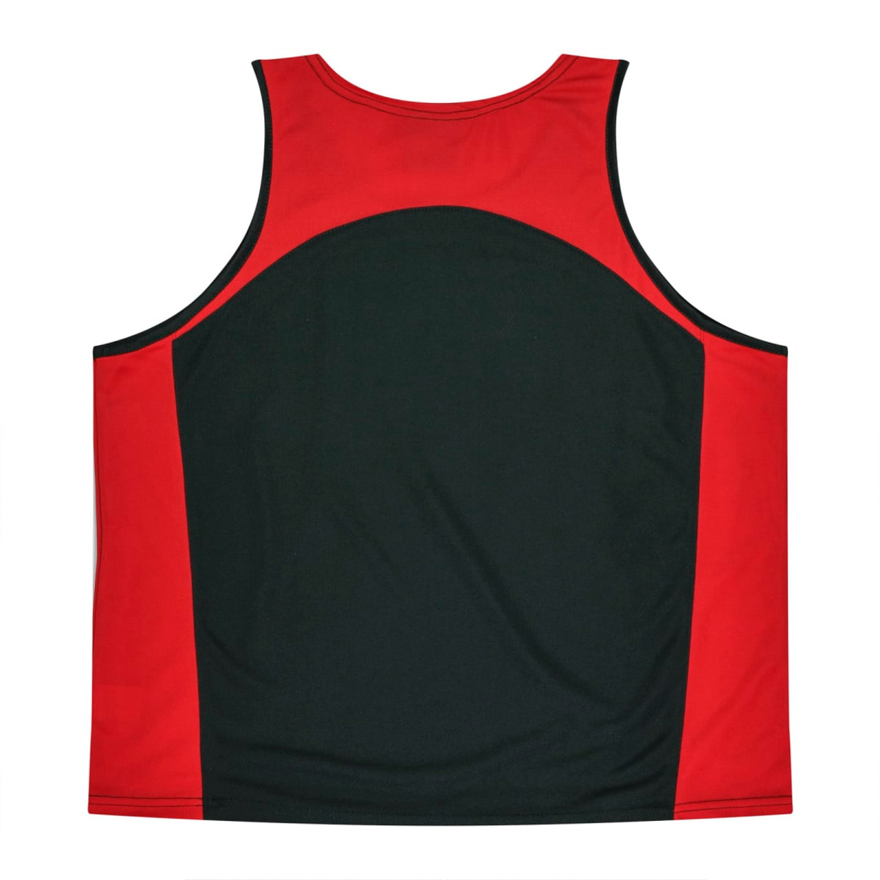 A sleeveless singlet featuring a black body with red side panels and a logo.