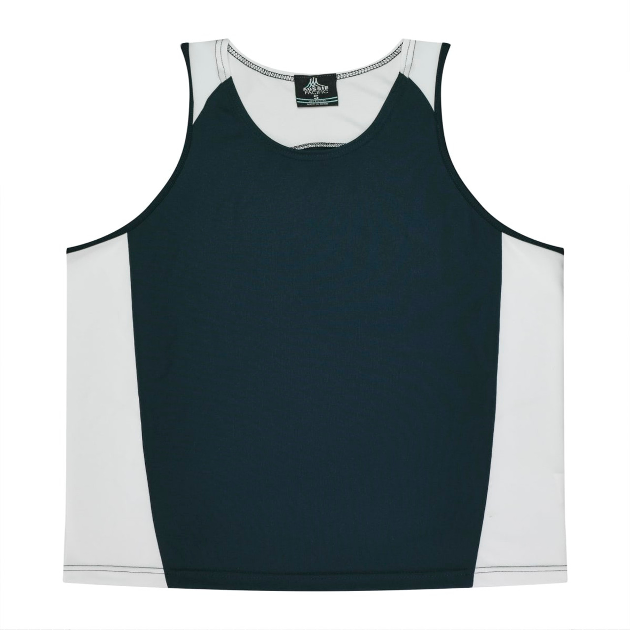 A men's singlet featuring a dark green front with white side panels, and a brand logo on the neckline.