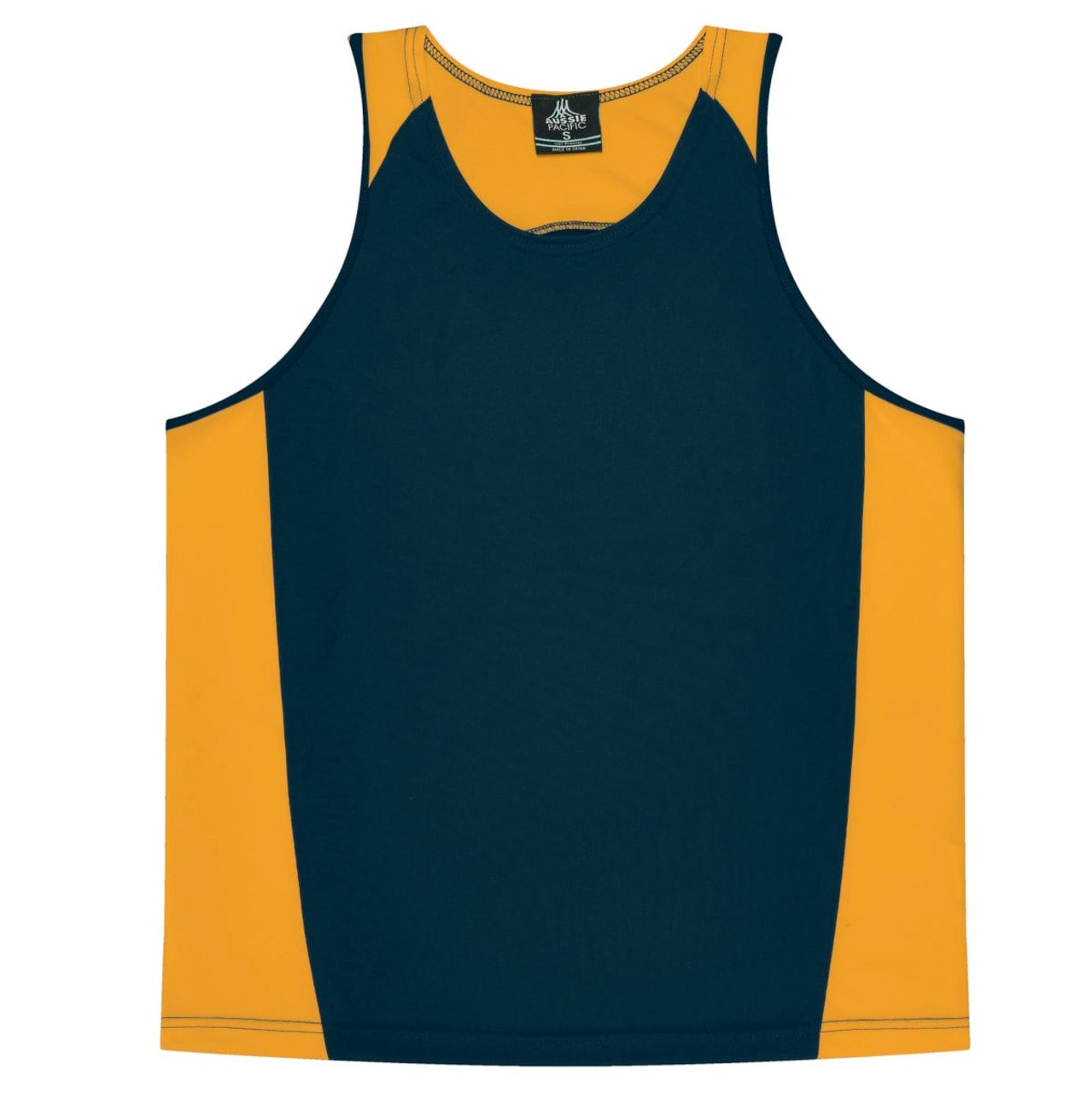 A men's singlet featuring navy blue and yellow panels, with a logo on the inner tag.