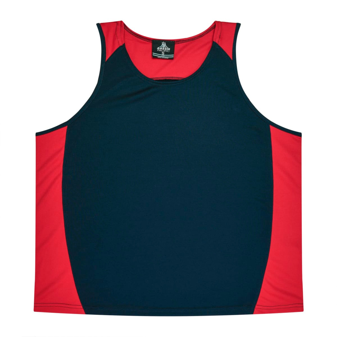 A men's singlet featuring a navy blue base with red side panels and a logo on the neckline.