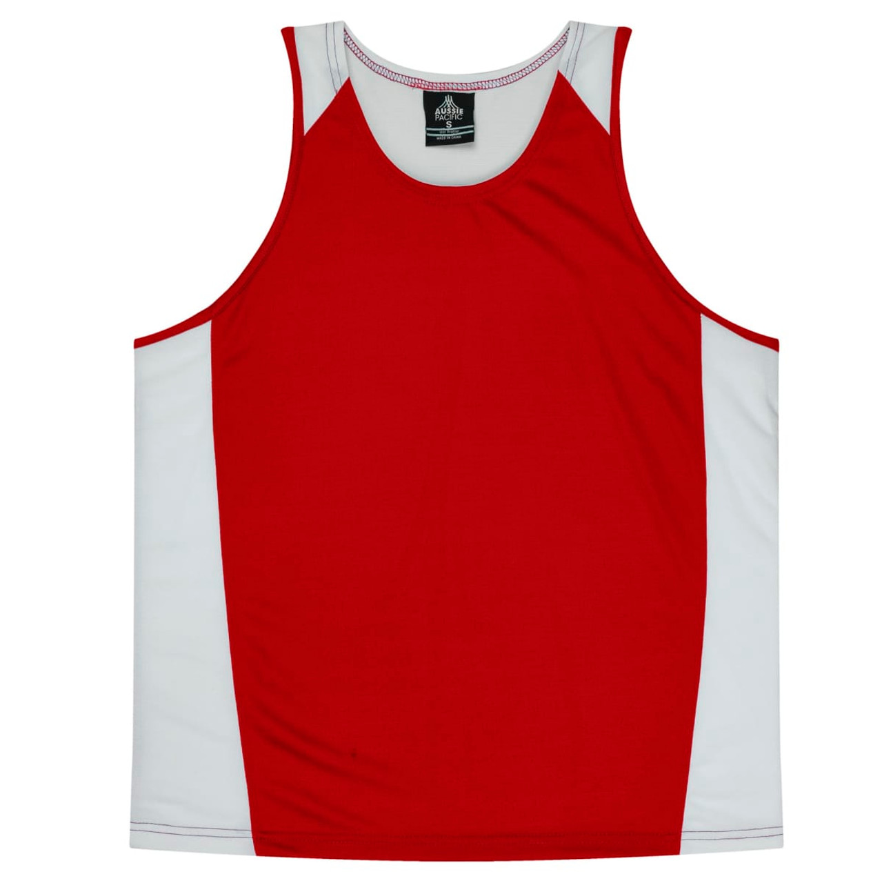 A red and white singlet featuring a logo, designed for men's wear.