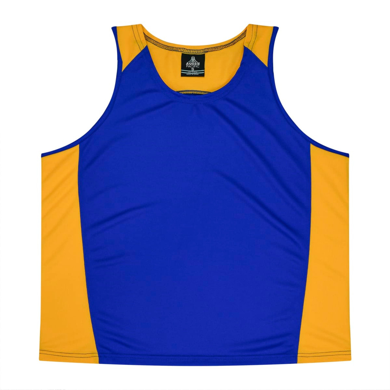 A blue and yellow singlet featuring a logo, designed for men's wear.
