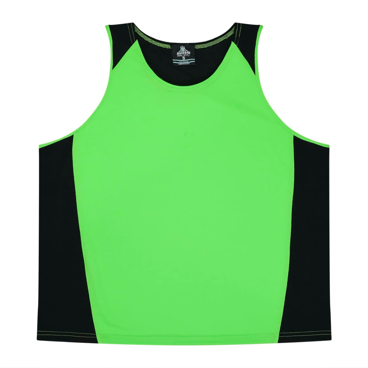 A vibrant green singlet with black side panels and a logo on the neckline. Suitable for casual wear or sports.