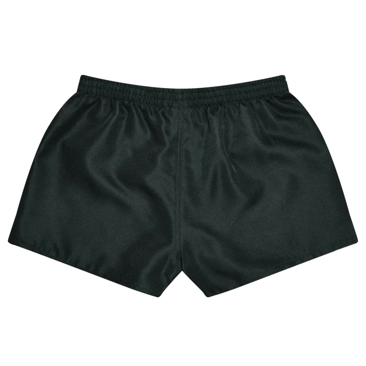 A pair of dark green rugby shorts with an elastic waistband and a smooth finish. 