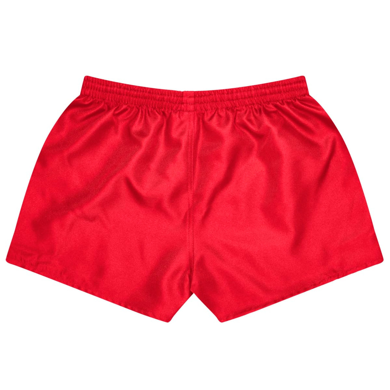Red sports shorts with an elastic waistband, featuring a logo on the back. Suitable for kids’ rugby.