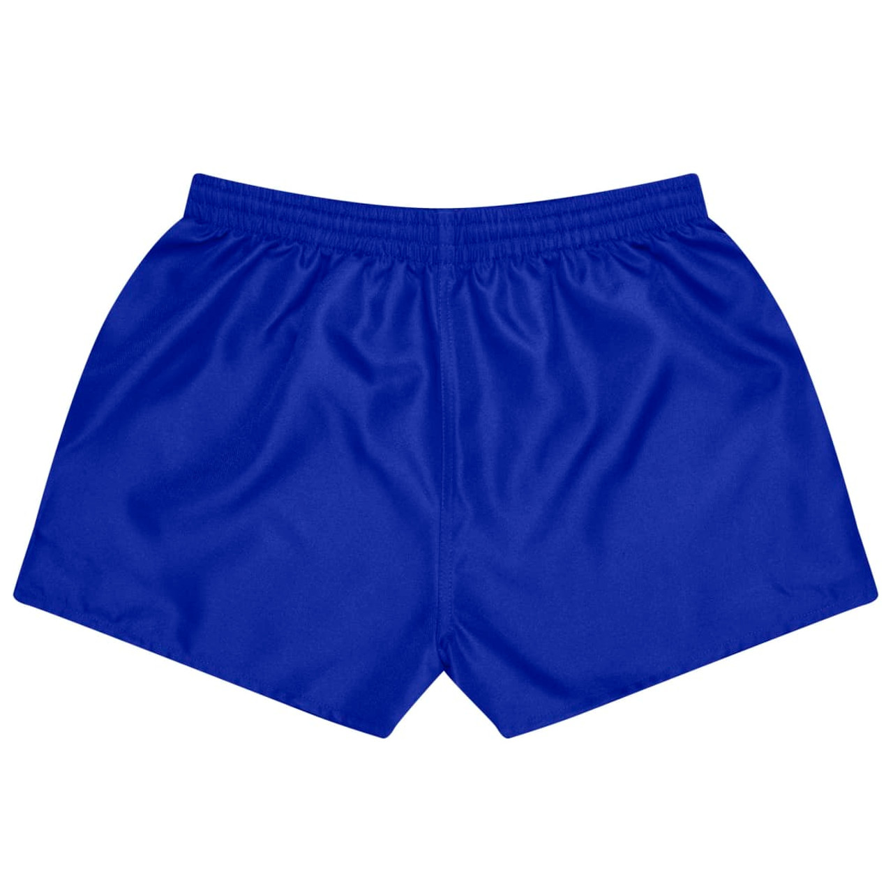 A pair of blue rugby shorts with an elastic waistband, designed for children's sports activities.