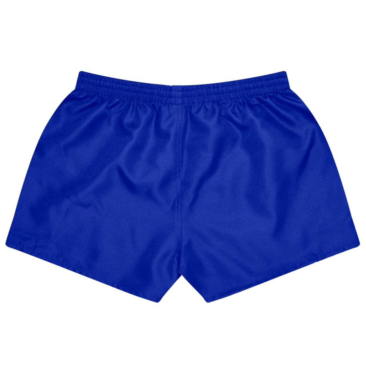Blue rugby kids shorts with an elastic waistband and a logo on the back.