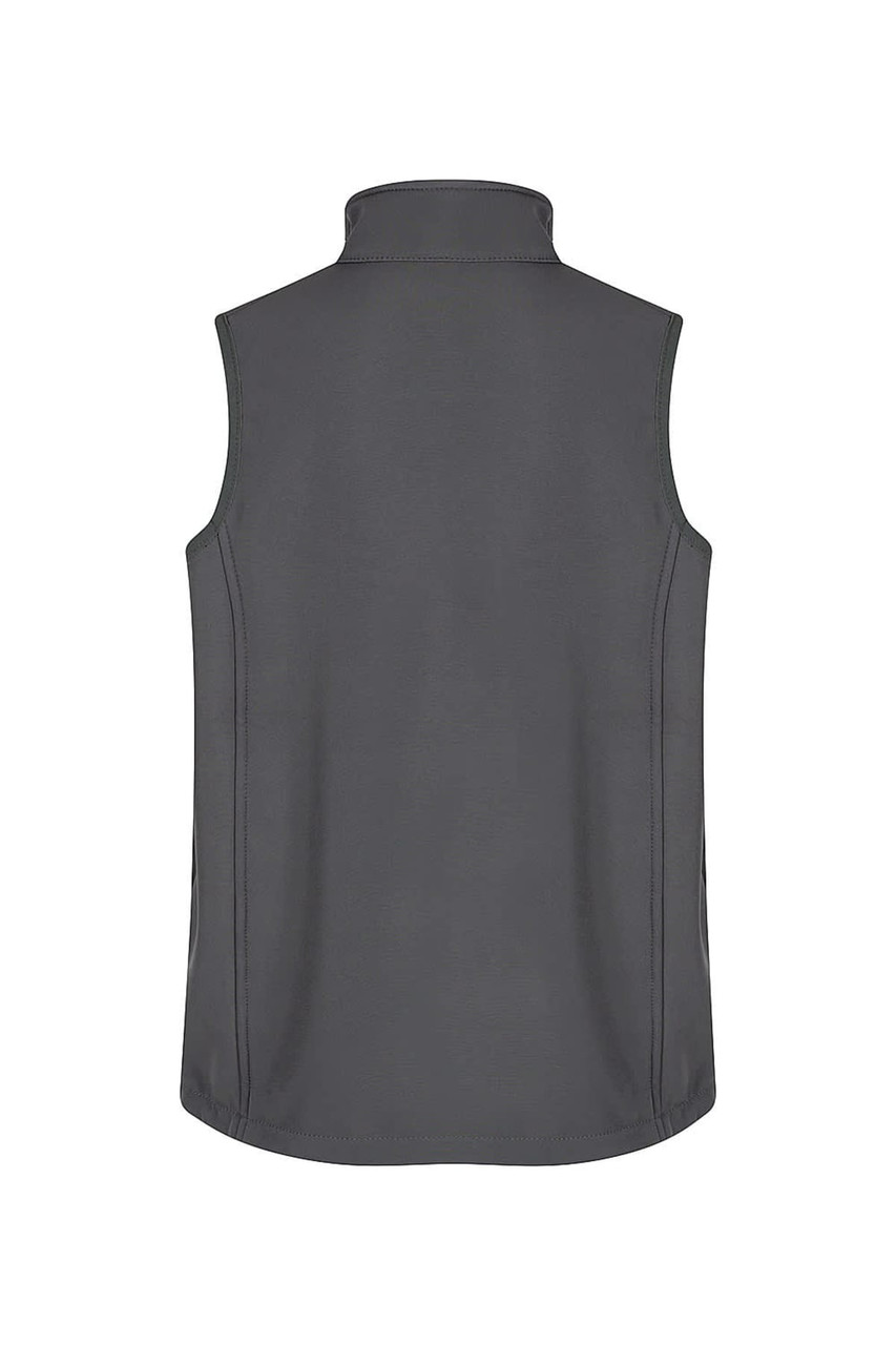 A grey kids' vest with no sleeves, featuring a high collar and stitched detailing, and a logo on the back.