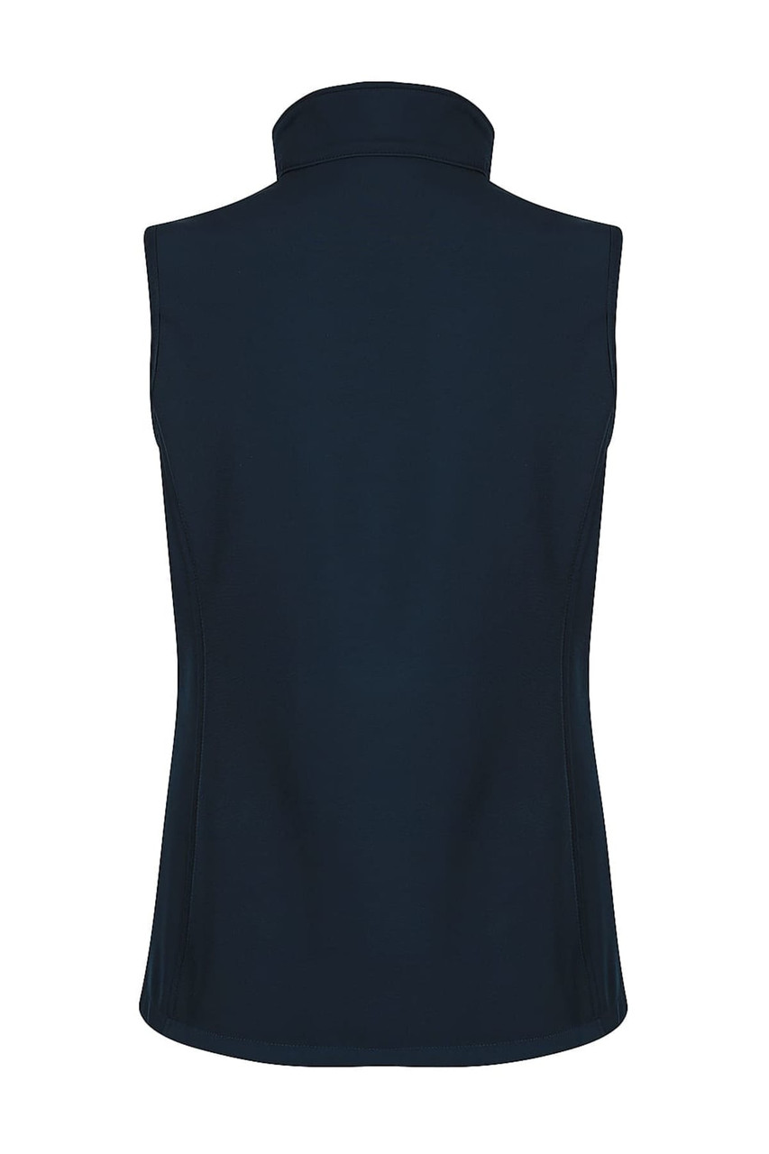 A dark navy vest with a high collar, featuring a fitted design and no sleeves. It includes branding.