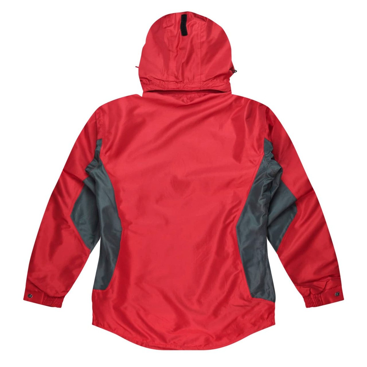 A red and grey jacket with a hood and elastic cuffs; features a logo on the back.