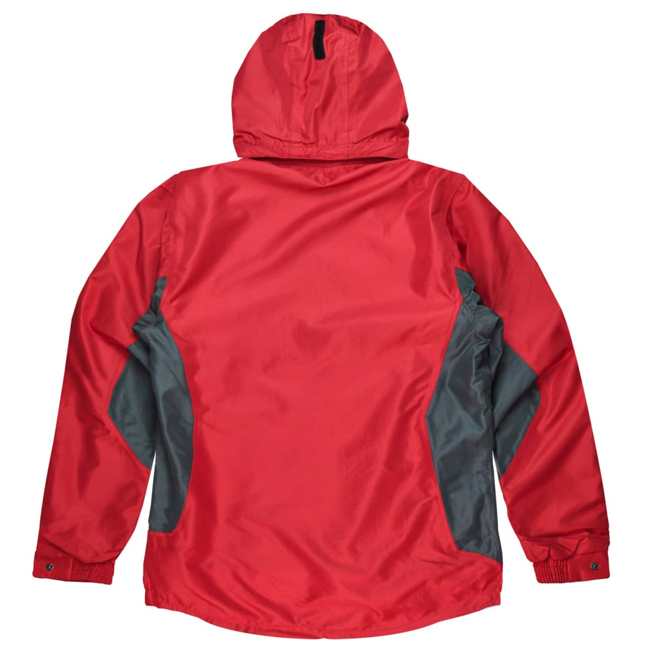 A red men's jacket with grey accents, featuring a hood and a smooth, lightweight design.