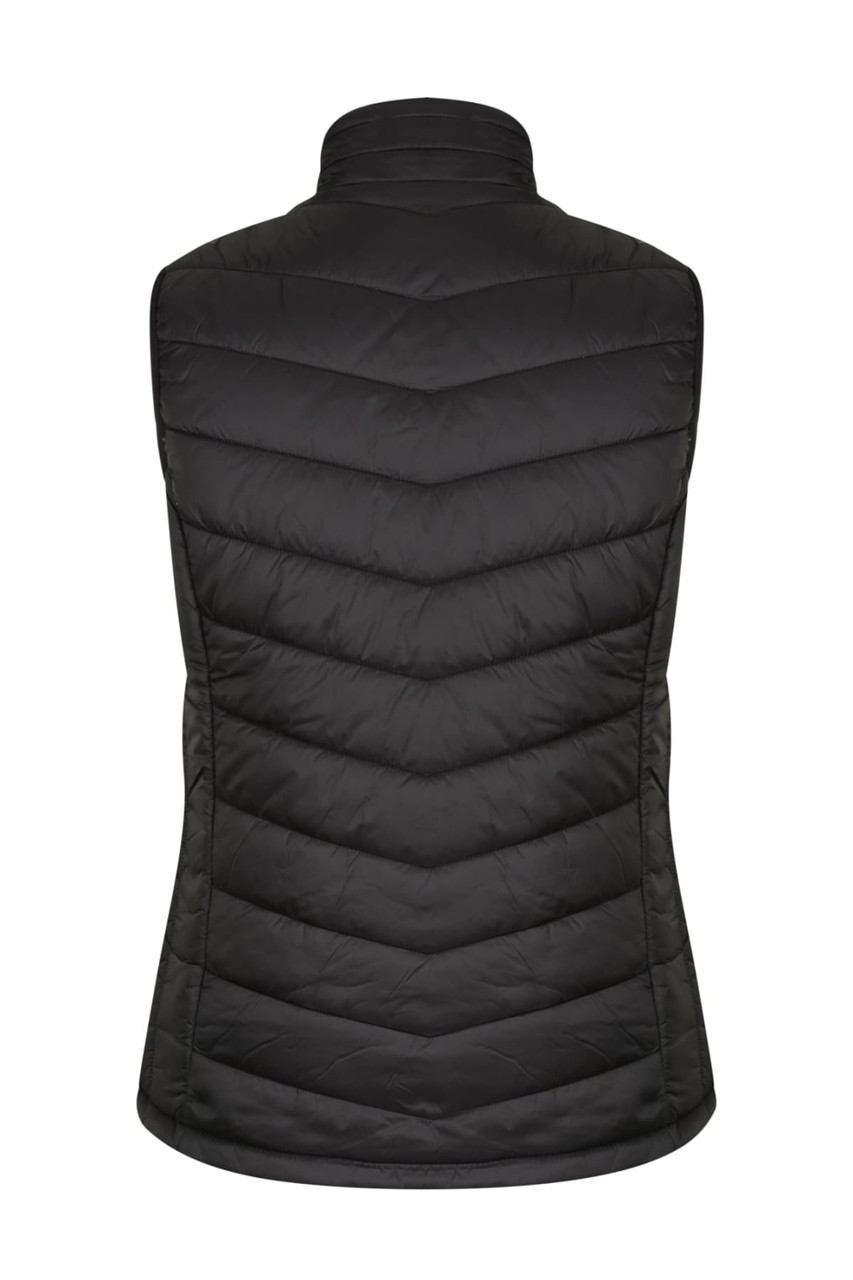 A black padded vest featuring a chevron design and a high collar, with a brand logo.