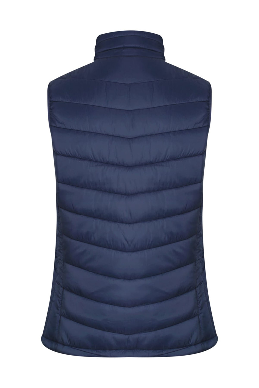 A navy blue vest with a quilted design and high collar, featuring a logo on the back.