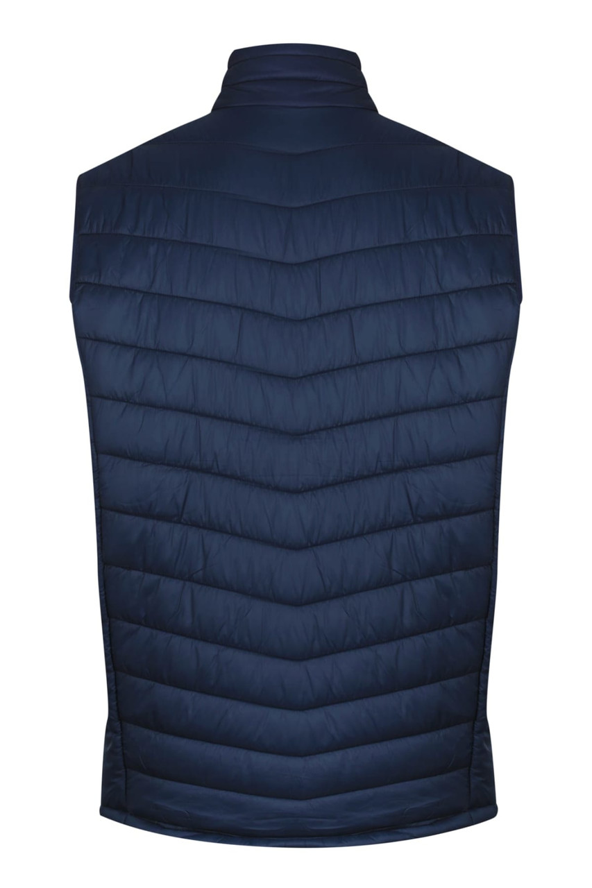 A navy blue men's vest with a quilted design and high collar, featuring a logo.