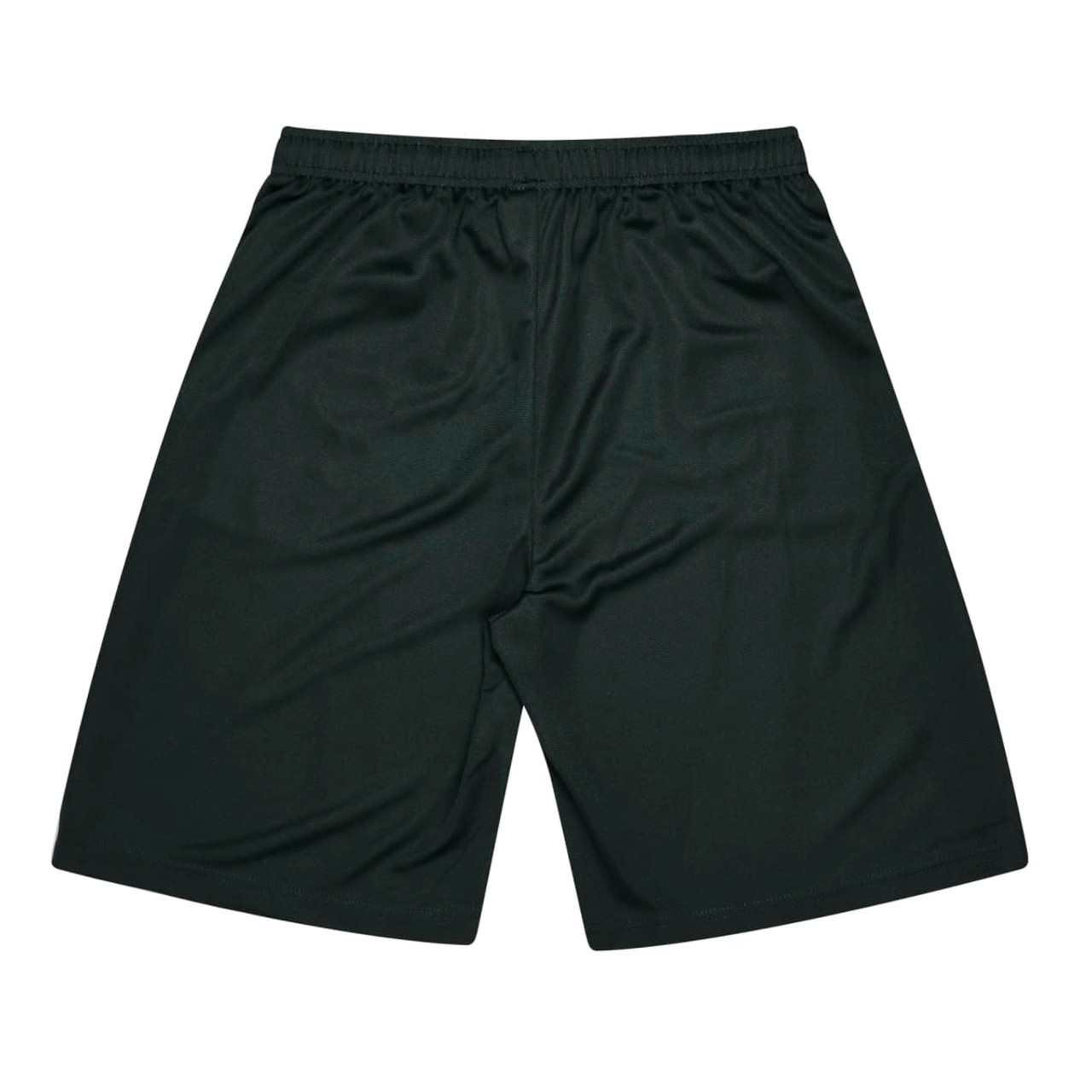 Dark green kids' sports shorts with an elastic waistband, featuring a logo. Suitable for various sporting activities.