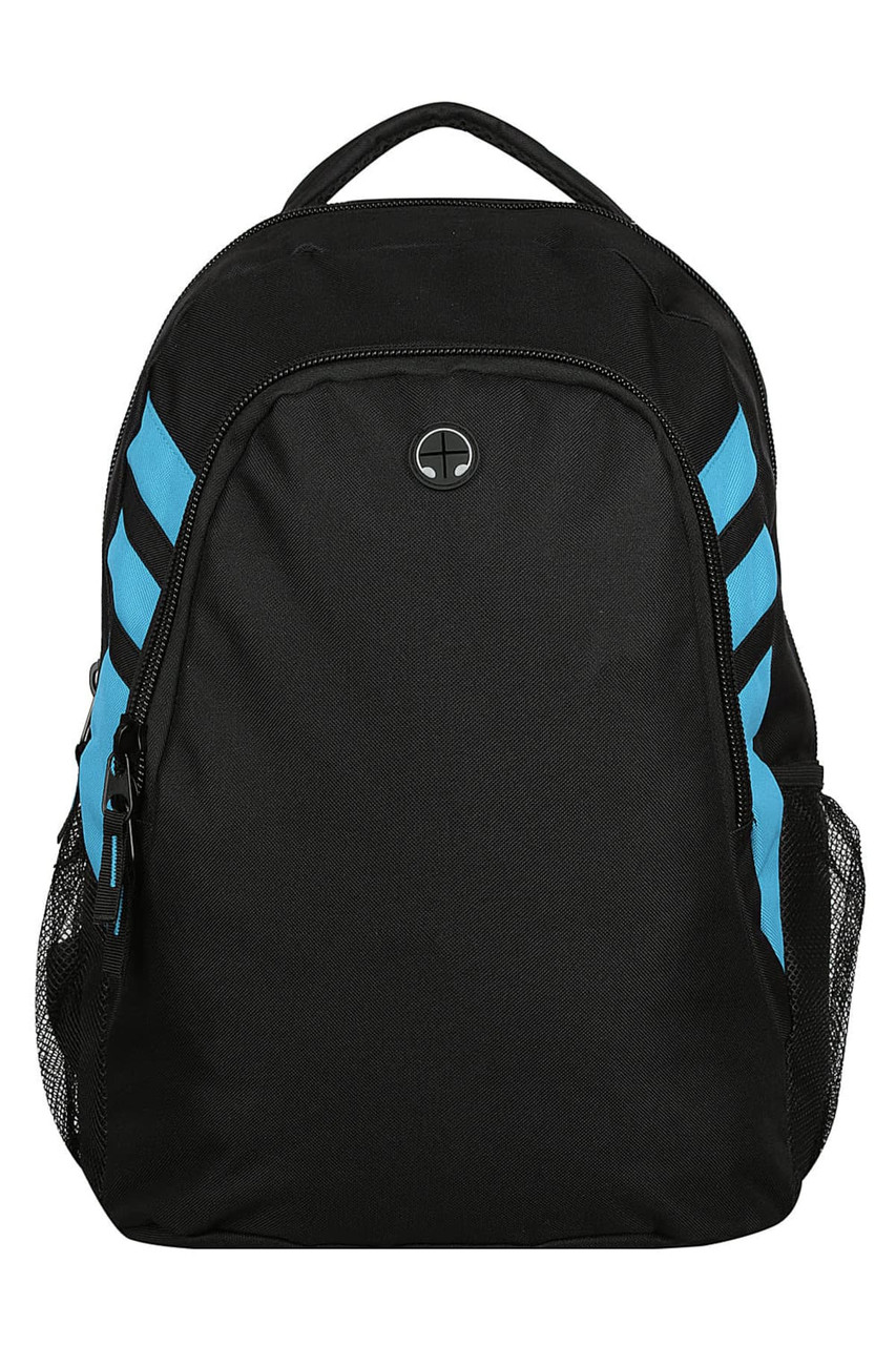 A black backpack with blue accents and mesh side pockets, featuring a logo on the front.