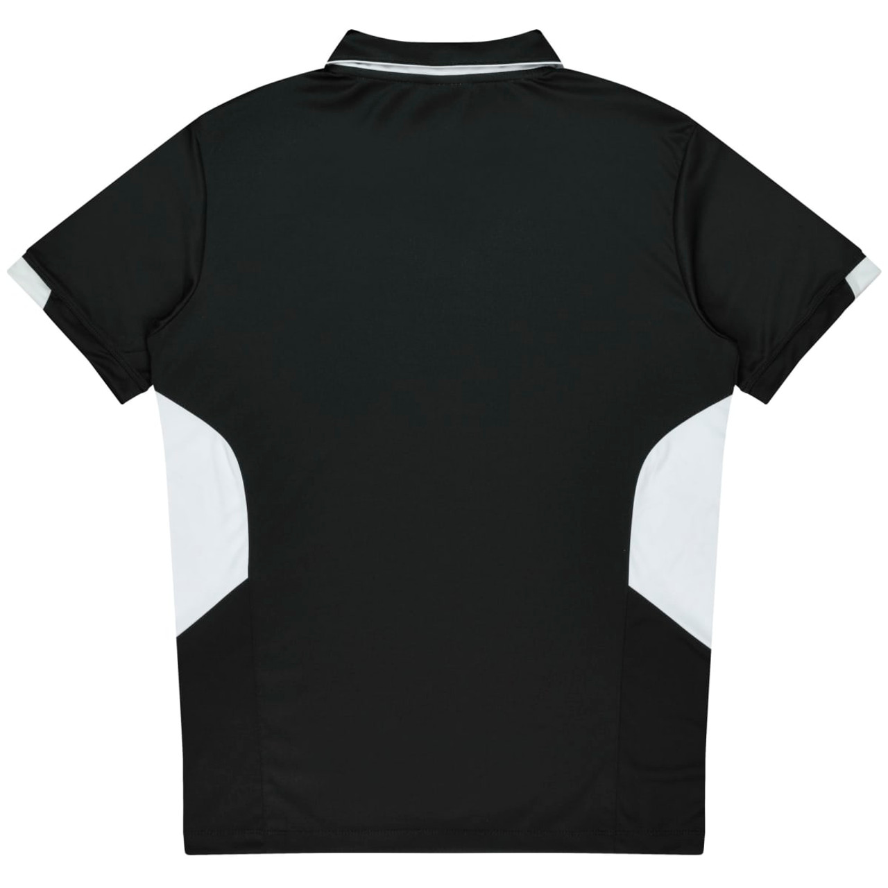 A black polo shirt with white side panels and a collar, featuring a branding logo.