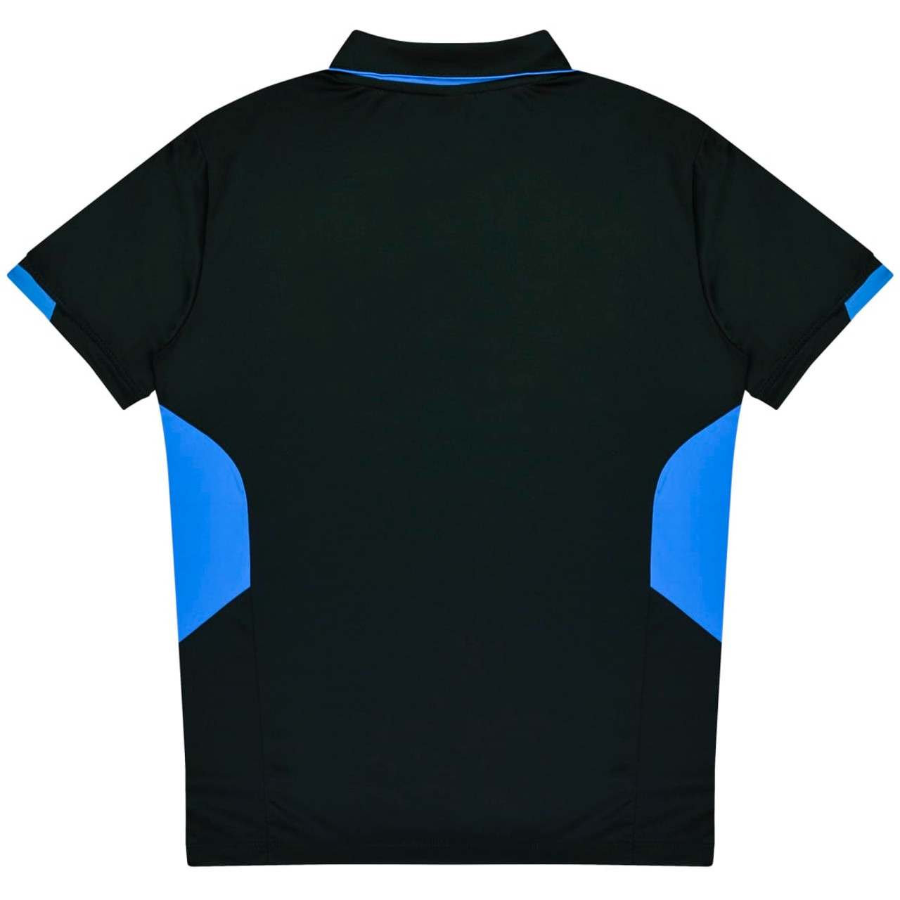 A black polo shirt featuring blue accents on the shoulders and sides. Includes a brand logo.