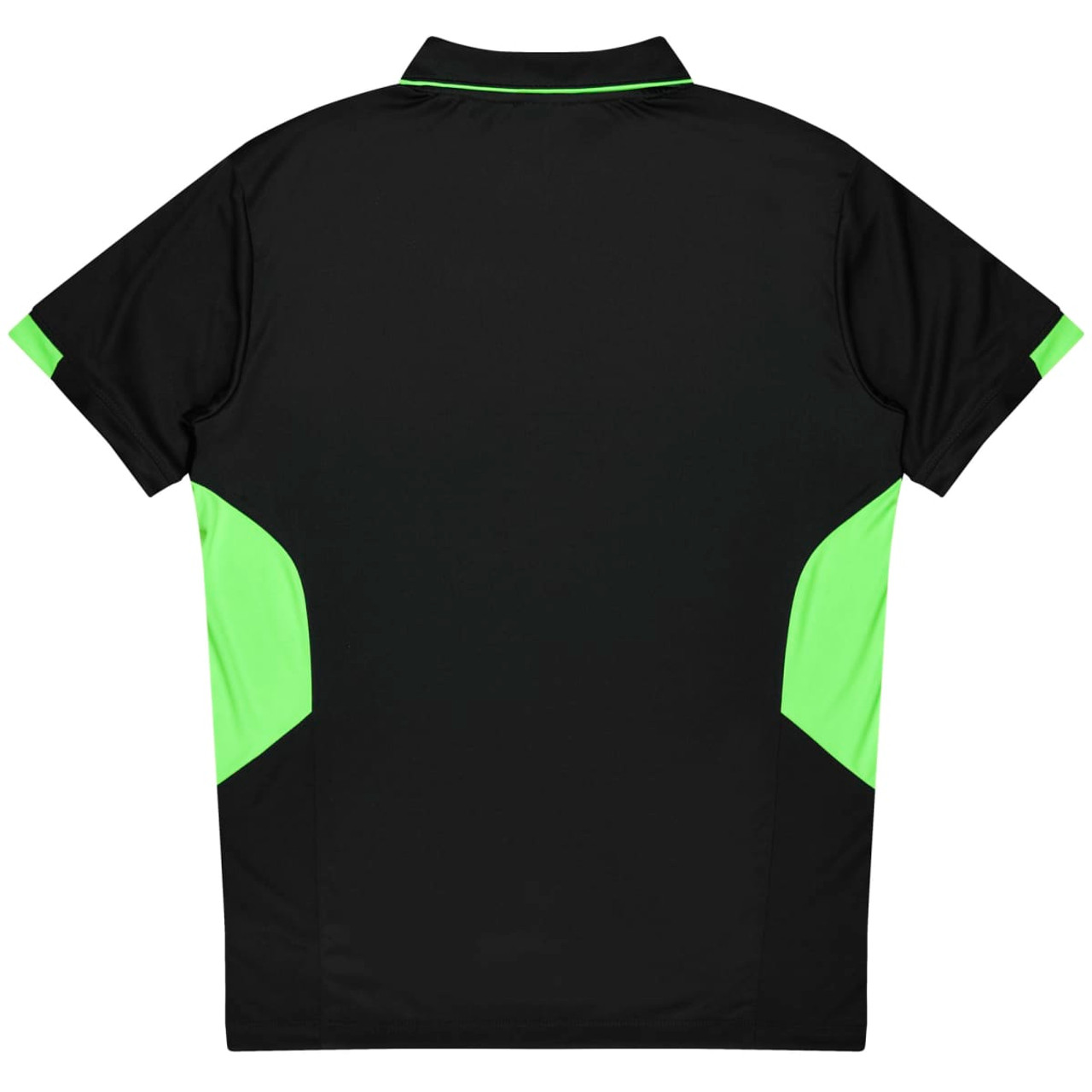 A black polo shirt featuring bright green accents and a logo on the back.