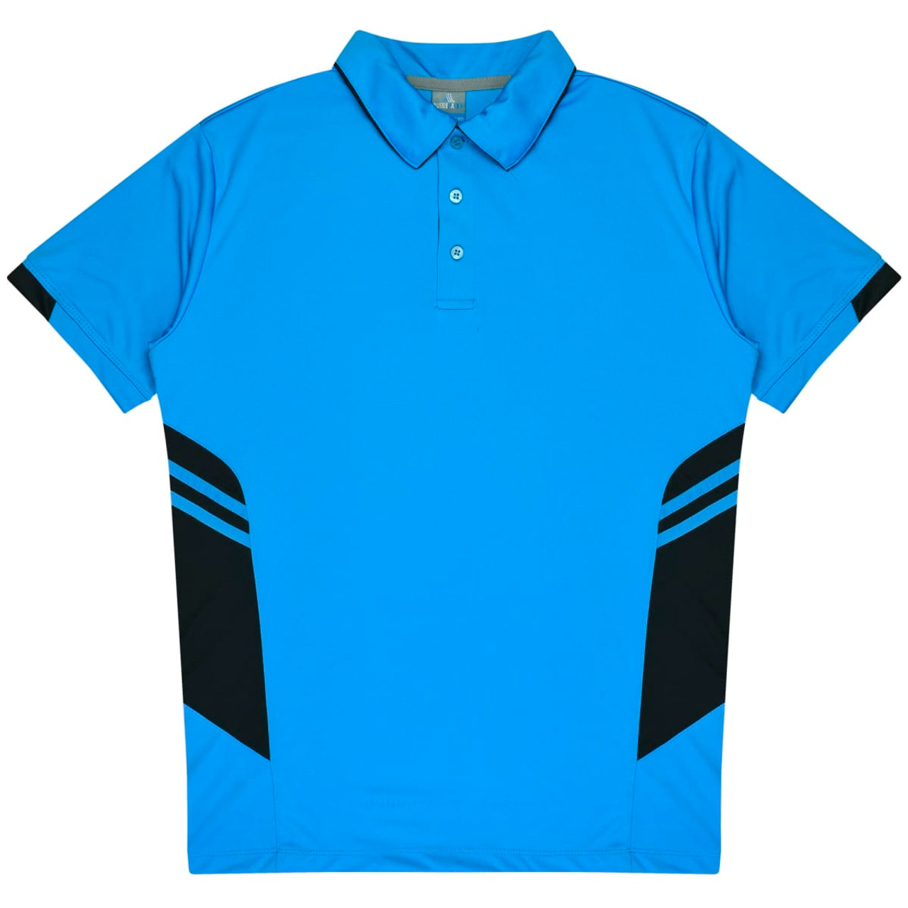 A blue polo shirt featuring black side accents and a collar. It has a logo on the front.