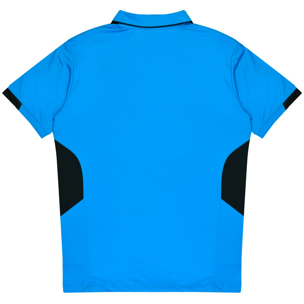 A blue polo shirt with black side panels and a collar, featuring a logo on the front.