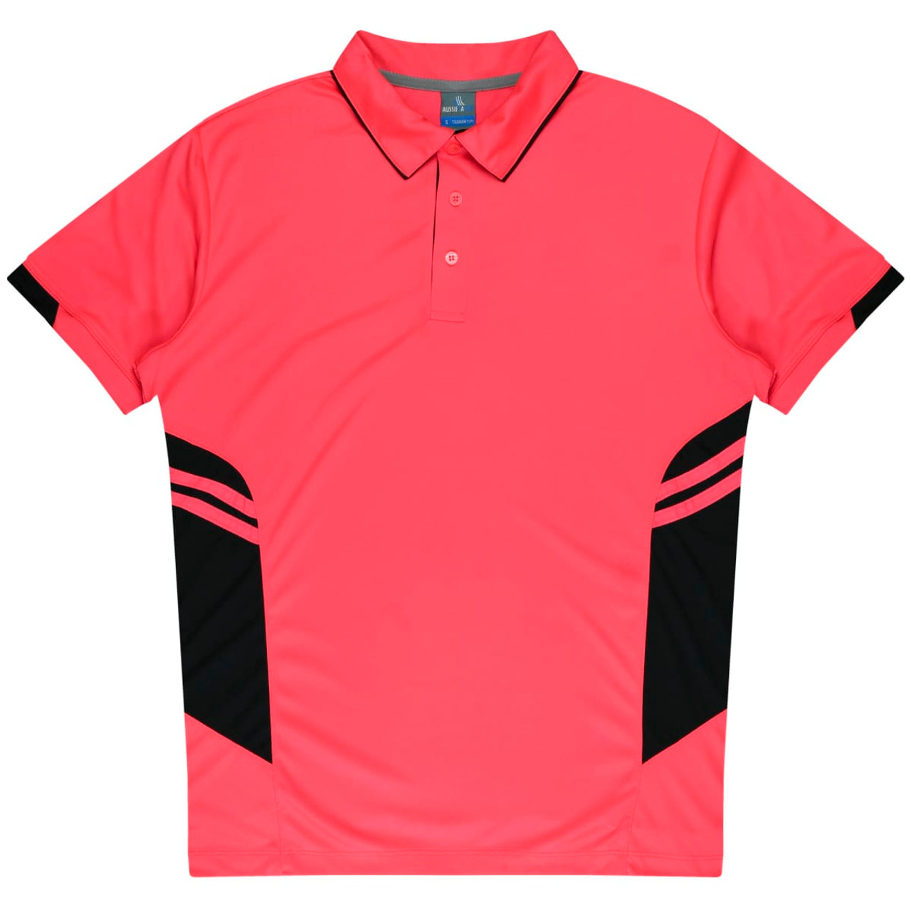 A pink polo shirt featuring black side panels and a logo. Designed for kids, with a collar and button placket.