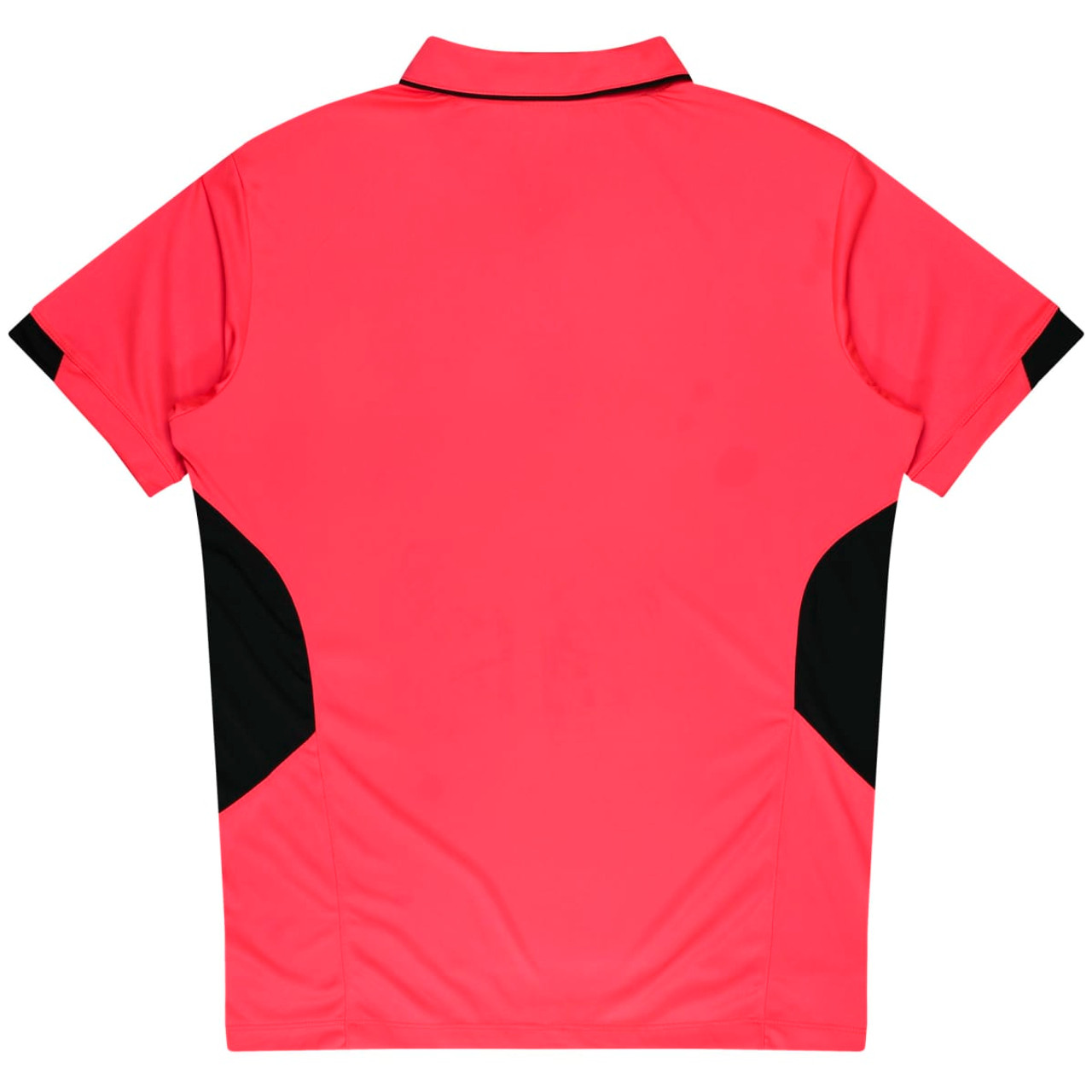 A polo shirt in vibrant pink with black side panels, featuring a simple design and a collar.