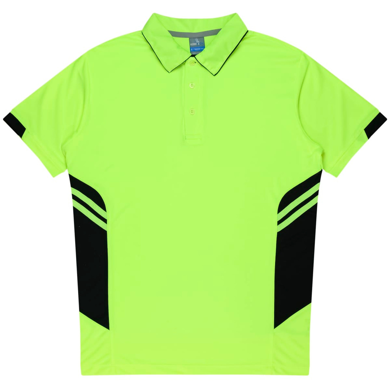 A bright lime green polo shirt featuring black side panels and a collar. Includes a logo on the chest area.