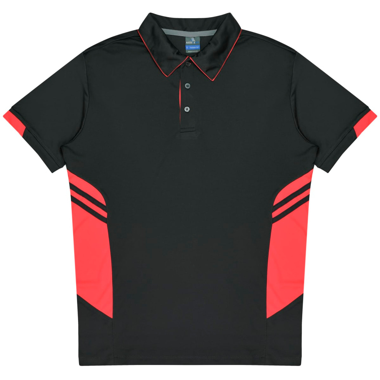 A black and red polo shirt featuring a logo and sporty design elements on the sides.