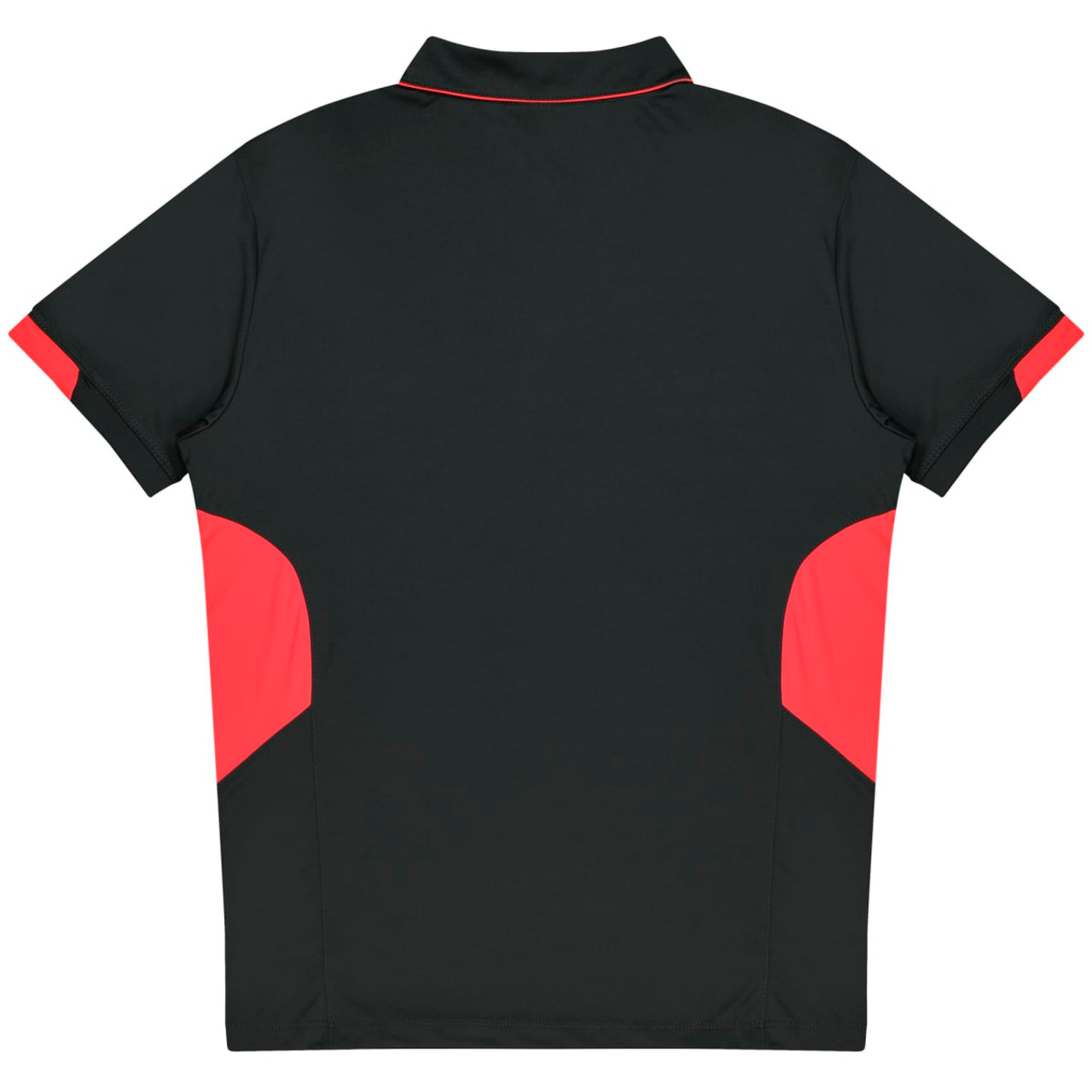A black polo shirt featuring red accents on the sleeves and sides, with a collar and short sleeves.