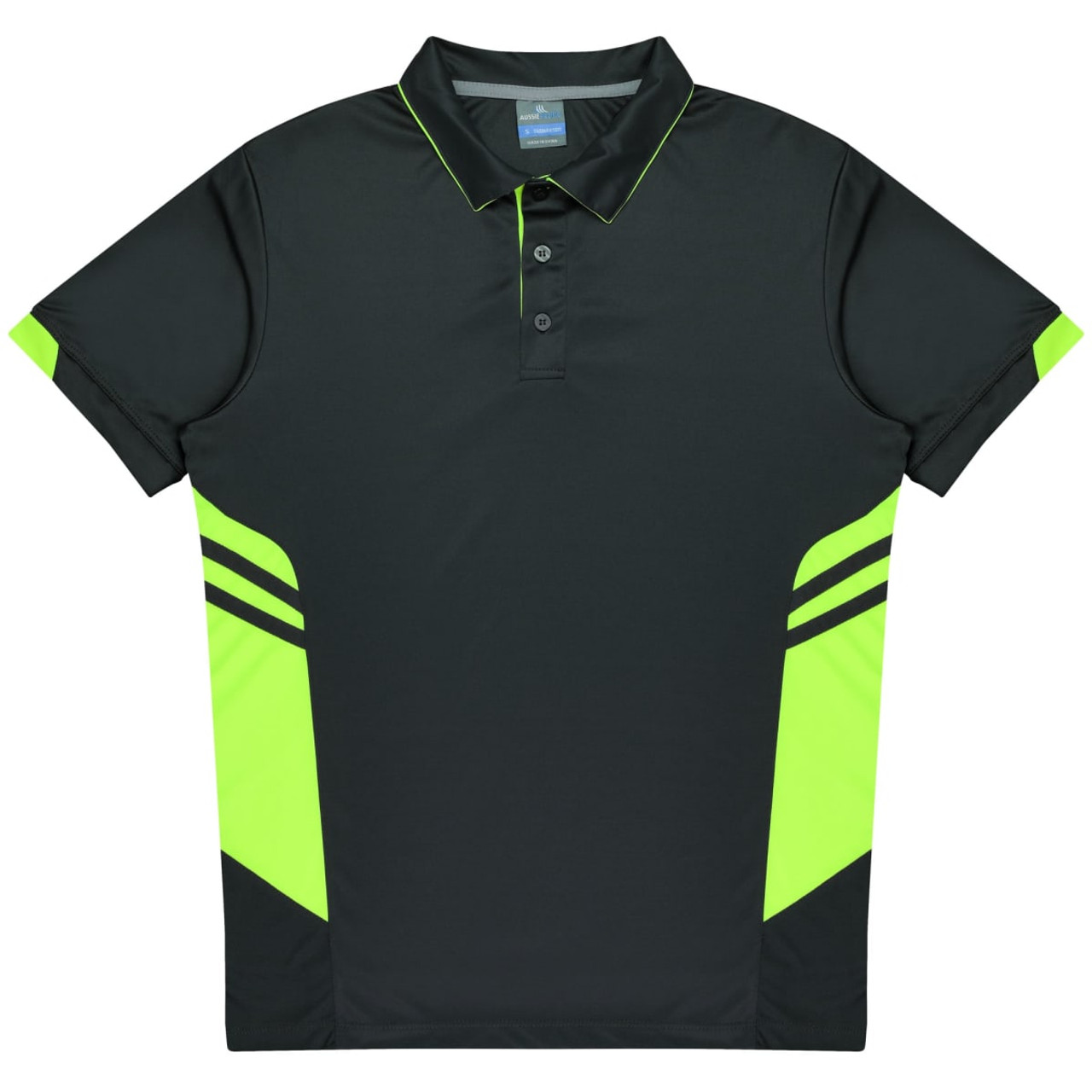 A black polo shirt featuring bright green accents and stripes. It has a collar and three buttons.