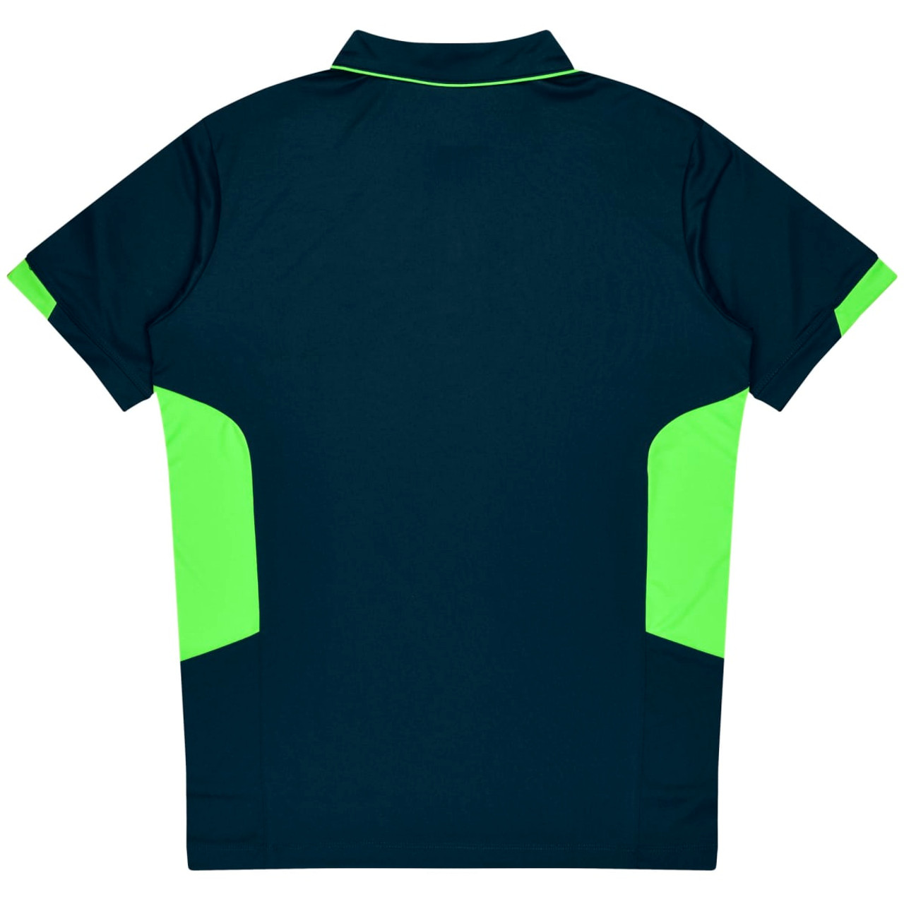 A dark navy polo shirt featuring vibrant green panels on the sides and back, with a branded logo.