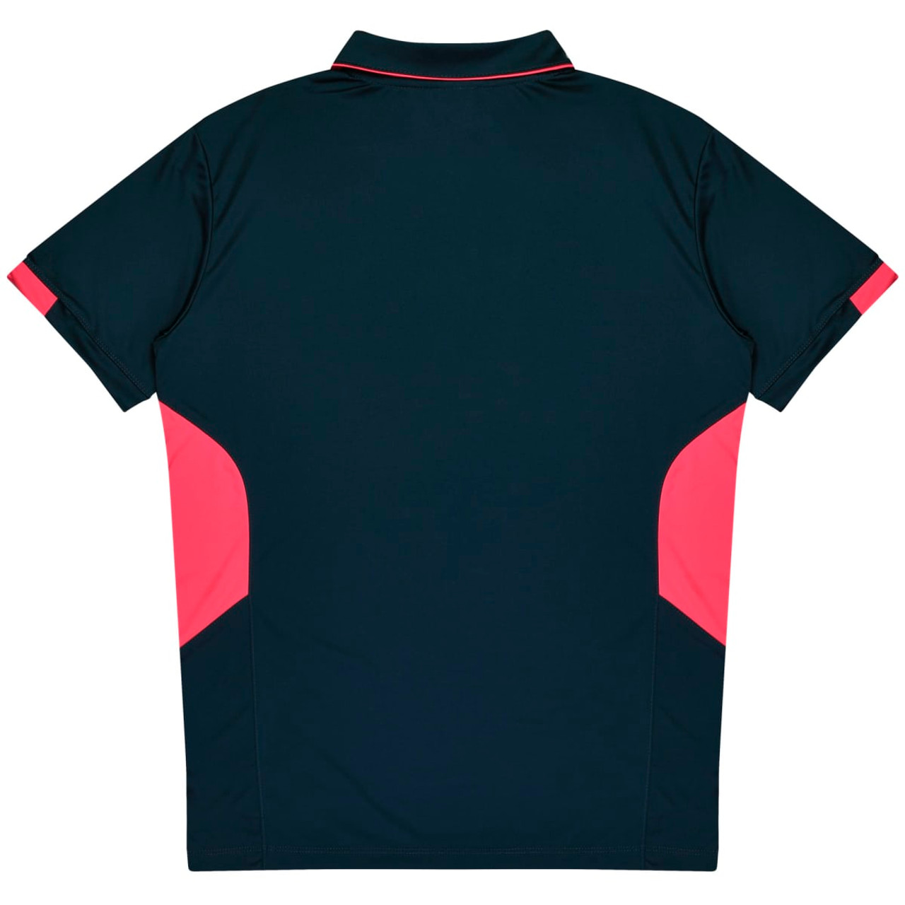 A dark navy polo shirt with pink accents on the sleeves, featuring a collar and a branding logo.