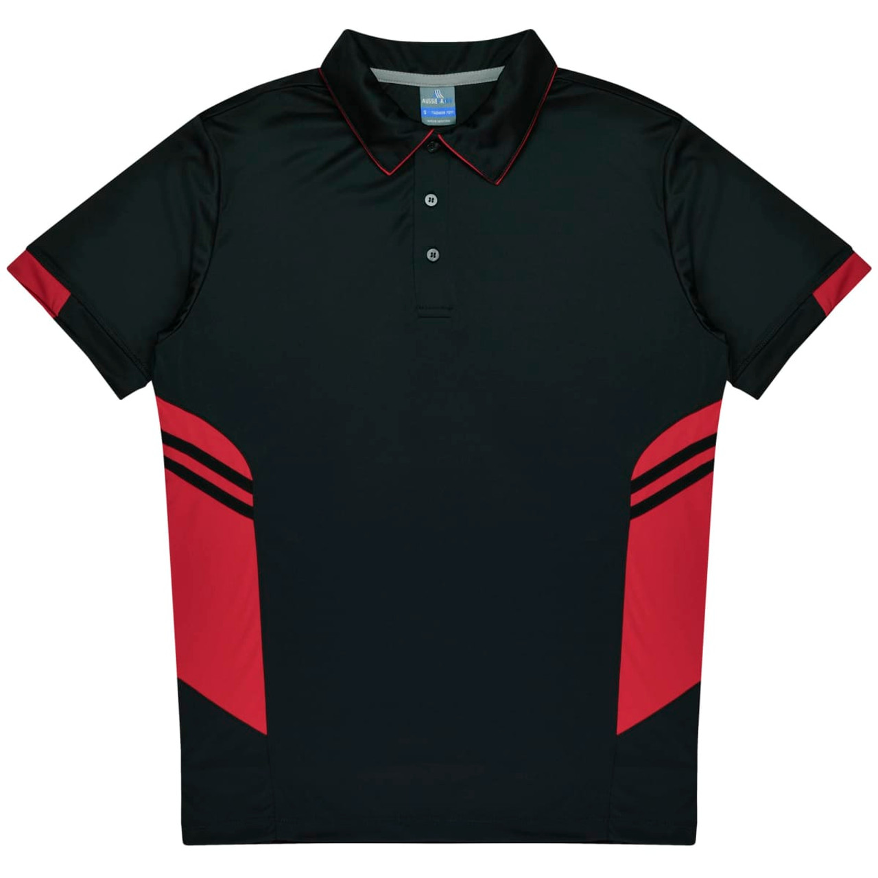 A black and red polo shirt featuring a logo and a classic collar design.