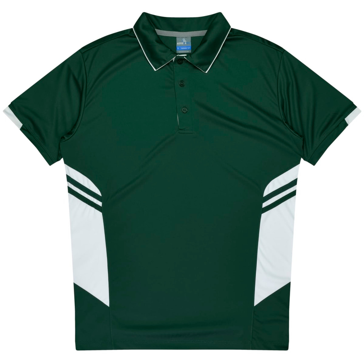 A green polo shirt with white accents and a collar, featuring a branding logo.