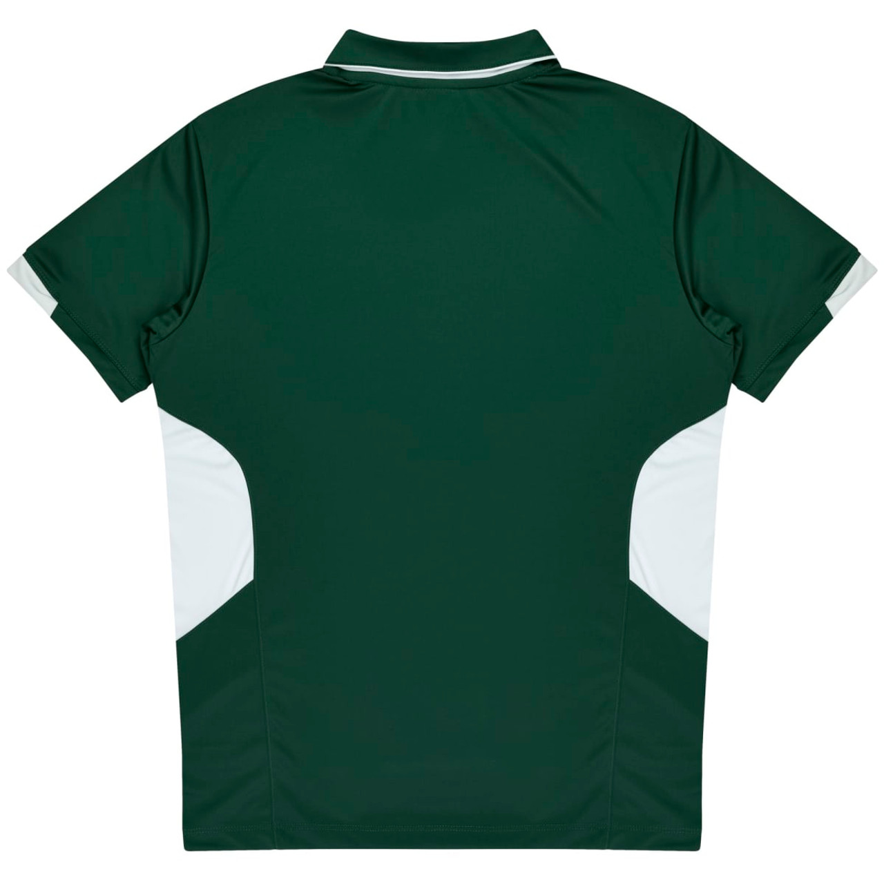 A dark green polo shirt featuring white side panels and a collar, designed for kids. It has a logo on the fabric.