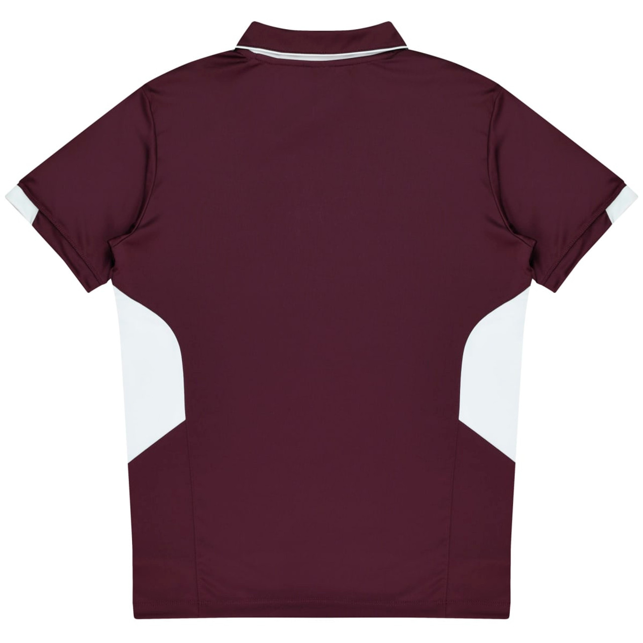 A maroon kids polo shirt featuring white panel accents and a logo on the back.